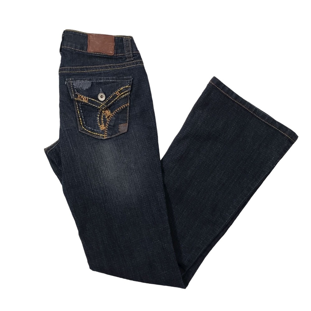 Paris Blues Womens 3 Denim Jeans Stretch Boot‎ Cut Dark Wash Embroidered Pockets
